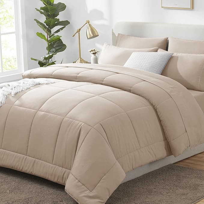 CozyLux Queen Size Comforter Sets Wheat, 7 Pieces Bed in a Bag, Wheat Comforter Queen Size, All Season Bedding Sets with Stitch Quilted Comforter, Flat Sheet, Fitted Sheet, Pillowcases