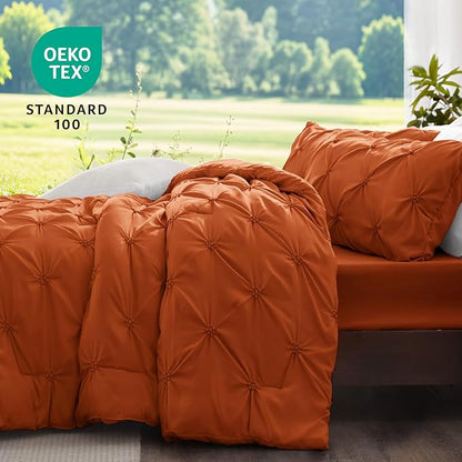 BEDELITE Burnt Orange Queen Comforter Set - 3 Pieces Boho Pintuck Bedding Comforter Sets, Lightweight Soft & Warm Bed Comforter Queen with 2 Pillowcases for All Season