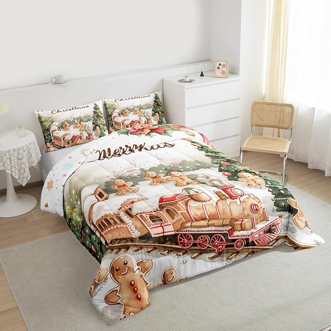 Christmas Train Comforter Set Full Size,Gingerbread Men Bedding Sets 3Pcs for Kids Girls Boys Women Room Decor,Xmas Tree Down Comforter Merry Christmas Quilted Duvet,2 Pillowcases