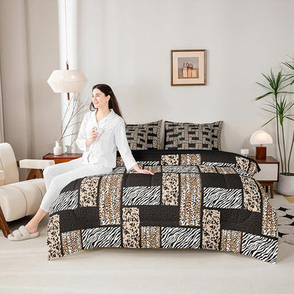 Castle Fairy Leopard Print Bedding Set 7 Pieces,Wildlife Zebra Cow Skin Comforter Set with Sheets for Kids Teens Bedroom Decor,Animals Fur Splice Patchwork Bed Set in a Bag with Pillow Covers,Twin