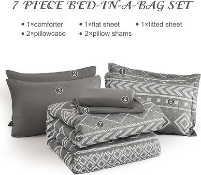 Yiran Boho Aztec Comforter Set King Size, Grey Comforter Bedding Set, 7 Piece Bed in a Bag, Soft Microfiber Bohemian Striped Complete Bedding Set with Sheets for All Season