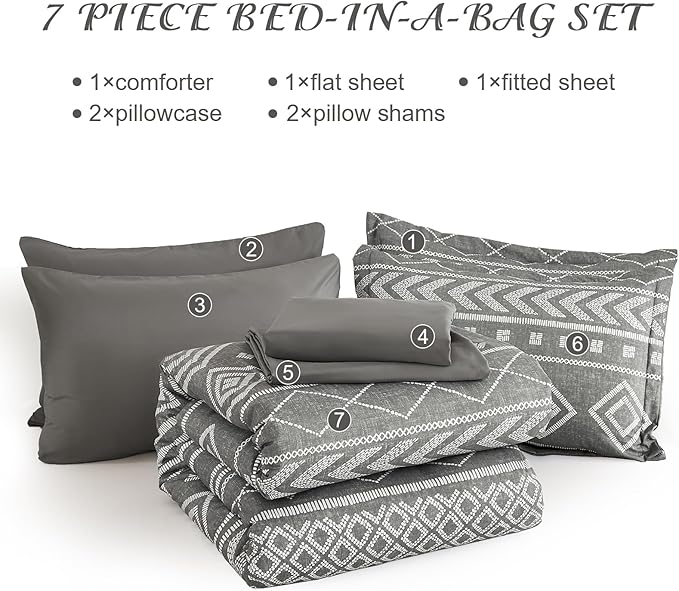 Yiran Boho Aztec Comforter Set Queen Size, Grey Comforter Bedding Set, 7 Piece Bed in a Bag, Soft Microfiber Bohemian Striped Complete Bedding Set with Sheets for All Season