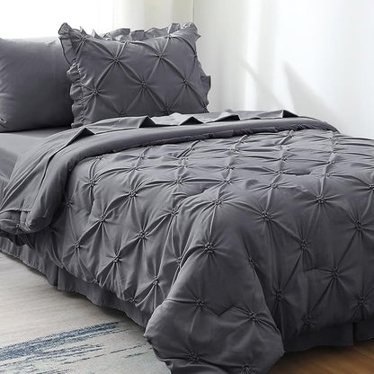 JOLLYVOGUE Dark Grey Bed in a Bag Comforter Set for Bedroom, Pintuck Twin Size Comforter Sets 5 Pieces, Beddding Sets with Comforter, Sheets,Ruffled Shams & Pillowcases