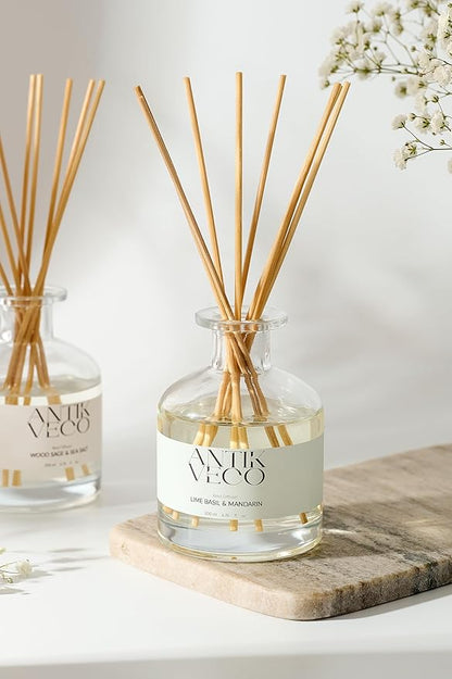 Lime Basil & Mandarin Reed Diffuser – Citrus & Herbal Diffuser for Home 6.7 fl oz – 8 Rattan Sticks – Premium Aromatherapy Oil – Elegant Glass Bottle – 90 Days Long Lasting Diffuser Set