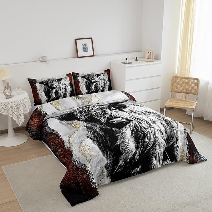 Erosebridal Highland Cow Comforter Set King,Bull Cattle Bedding Set,Gold Grey Marble Duvet Insert for Kids Boys Men,Wildlife Farmhouse Cow Fur Down Comforter with 2 Pillowcases Home Room Decor
