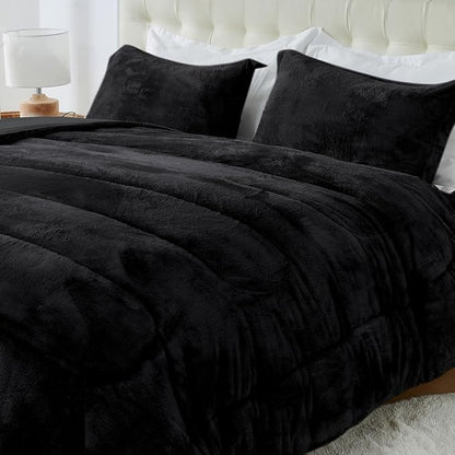 YIYEA Fluffy King Size Comforter Set, Luxury Faux Fur Comforter, Ultra Soft Plush Fuzzy Velvet Bedding Comforter Sets for Fall Winter, Cozy Warmth, No Shedding, 3PC, King, Black