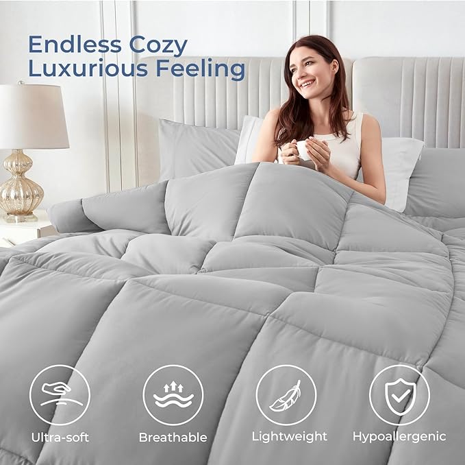 Sasttie King Size Comforter Set, 7 Pieces Bed in a Bag King, Complete Bedding Set Includes Comforter, Flat Sheet, Fitted Sheet, Pillowcases and Pillow Shams, Ivory & Light Grey
