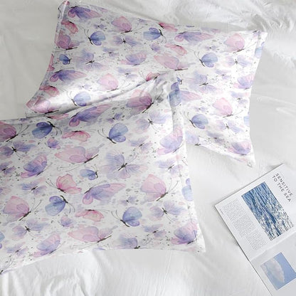 Comforter Set Twin Size, Cute Lilac Pink 5 Pcs Bedding for Kids and Adults, Butterfly Purple Bed Sheet Sets with Fitted Sheet Pillowcase & Sham for Bedroom Bed Decor