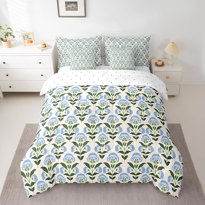 Feelyou Girls Vintage Flowers Comforter Set with Sheets Full Size 7 Pieces Kids Romantic Florals Pattern Bedding Set for Boys Women Teens Botanical Nature Garden Theme Bed in a Bag Room Decor