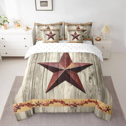 Erosebridal Western Texas Star 7 Pieces Bedding Set Queen Size Retro Farmhouse Barn Comforter Set for Teens Kids Bedroom Terracotta Star Print Comforter with Sheets Rustic Vintage Grain Duvet Insert