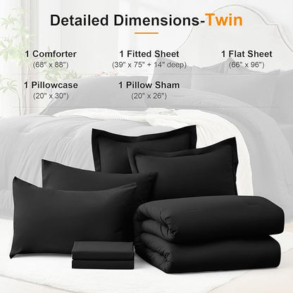 Twin Comforter Set 5 Pieces - Ultra-Soft Bed in a Bag Twin Size, Cozy Luxury All Season Bedding Sets with Comforter, Flat Sheet, Fitted Sheet, 1 Pillow Shams & 1 Pillowcases, Black