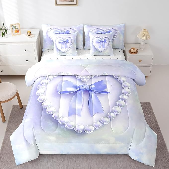 jejeloiu Girls Silk Bow 7 Piece Bedding Set King Size Purple Pearl Comforter Set with Sheets for Kids Women Princess Style Bed in a Bag Purple Ombre Bed Set