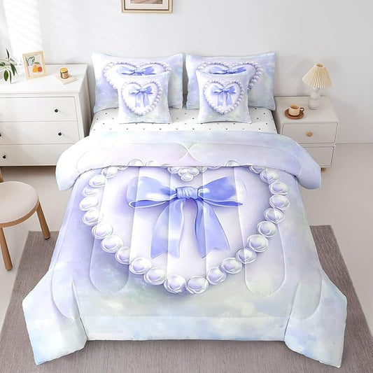 jejeloiu Girls Silk Bow 7 Piece Bedding Set King Size Purple Pearl Comforter Set with Sheets for Kids Women Princess Style Bed in a Bag Purple Ombre Bed Set