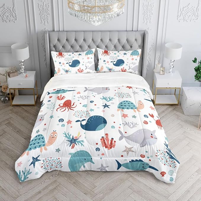 Kids Turtle Comforter Set Queen Beach Theme Dolphin Starfish Seaweed Bedding Set Sea Animal Octopus Reptile Bed Set with 2 Pillowcases for Boys Girls Room Decor