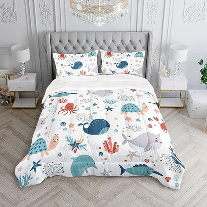 Kids Turtle Comforter Set Twin Beach Theme Dolphin Starfish Seaweed Bedding Set Sea Animal Octopus Reptile Bed Set with 2 Pillowcases for Boys Girls Room Decor