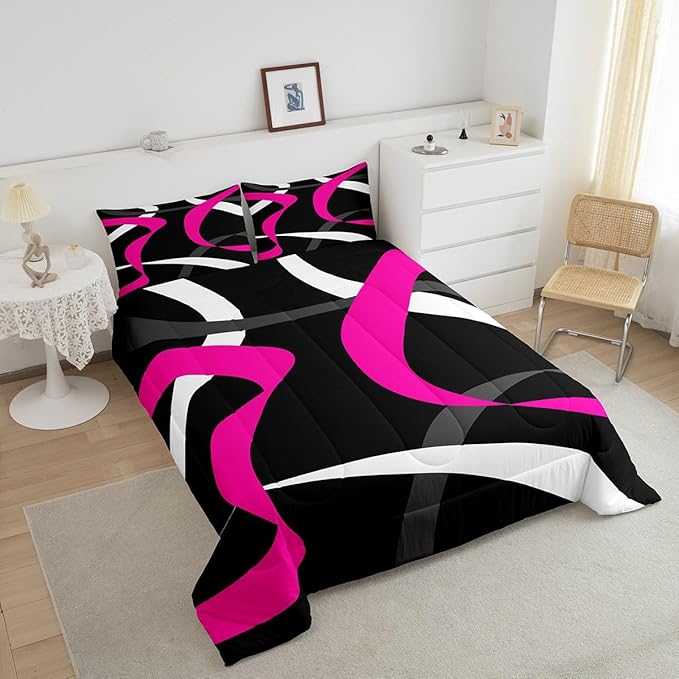 Erosebridal Grey Black Hot Pink Bedding Comforter Sets Gray White Striped Abstract Bedding Set Toddler for Kids Girls Teen Women Geometric Stripes Down Comforter Modern Fashion Quilt Duvet