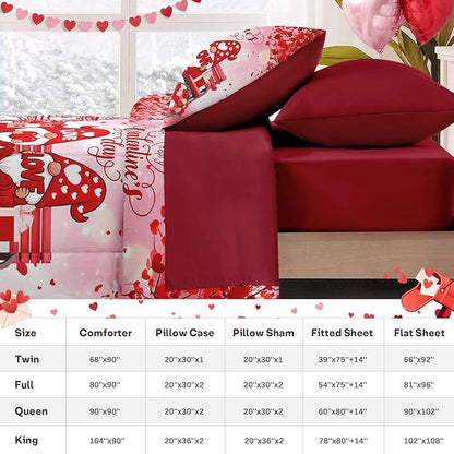 Nesker 7 Pcs Valentine's Day Comforter Set Queen Size, Romantic Love Gnomes Bedding Set for Kids and Adults, Cute Sweet Heart Sheets Bed Sheet Sets with Fitted Sheet 2 Pillowcases & 2 Shams