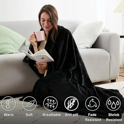Hansleep Fleece Black Throw XL Blanket, Super Soft Flannel Fuzzy Plush Cozy Blanket for All Seasons, Black, Throw XL 50x70 Inches