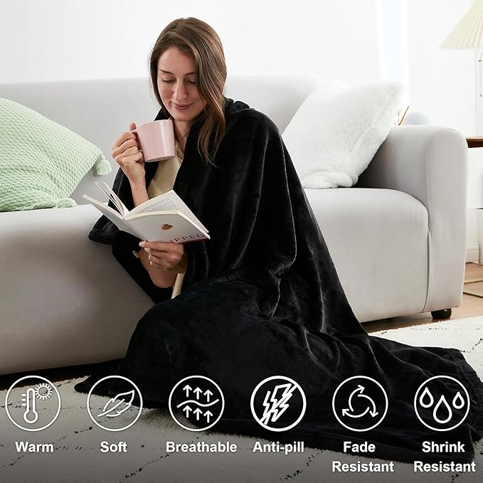 Hansleep Fleece Black King Blanket, Super Soft Flannel Fuzzy Plush Cozy Blanket for All Seasons, Black, King 90x108 Inches