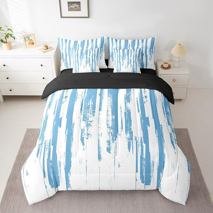 Erosebridal 7Pcs Sky Blue White Ink Painting Watercolor Comforter Set Queen,Abstract Art Aesthetic Striped Bed in A Bag for Adults Men,Boho Modern Graffiti Gradient Geometric Bedding with Bed Sheets