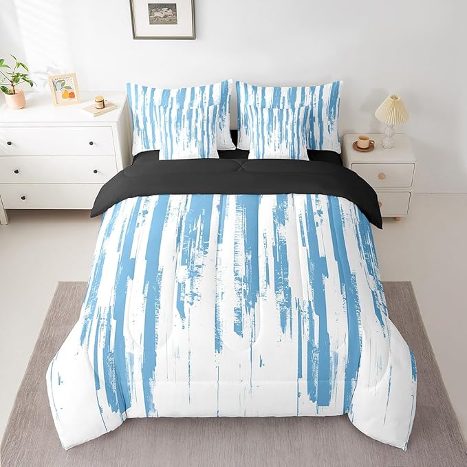 Erosebridal 7Pcs Sky Blue White Ink Painting Watercolor Comforter Set King,Abstract Art Aesthetic Striped Bed in A Bag for Adults Men,Boho Modern Graffiti Gradient Geometric Bedding with Bed Sheets