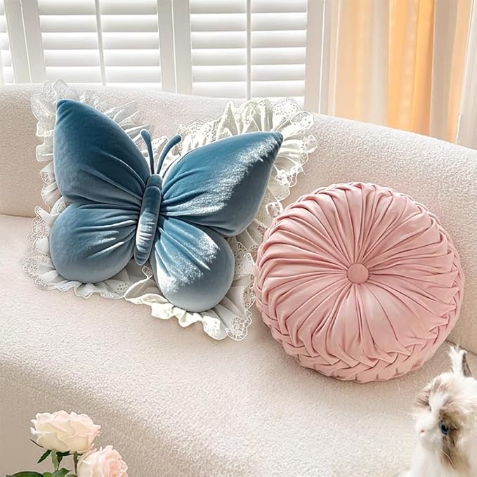 Butterfly Throw Pillow,21.6 inch Velvet Butterfly Decorative Pillow with Lace Trim,Animal Pillow for Couch Living Room Bed,Home Garden Decor (Blue)