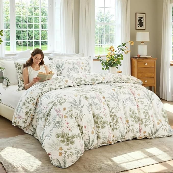 100% Cotton Comforter King Size Green Floral Bedding Set Reversible Botanical Comforter Set 3 Pcs Cottagecore Aesthetic Soft Bedding Sets for All Season