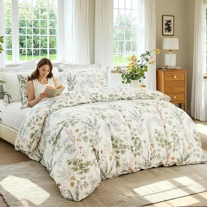 100% Cotton Comforter King Size Green Floral Bedding Set Reversible Botanical Comforter Set 3 Pcs Cottagecore Aesthetic Soft Bedding Sets for All Season
