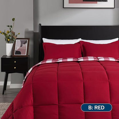 downluxe Lightweight Plaid Comforter Set (King) with 2 Pillow Shams - 3-Piece Set - Red/White Plaid - Down Alternative Reversible Comforter