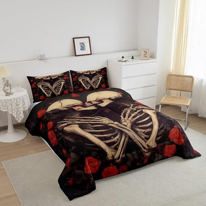 Erosebridal Sugar Skull Down Comforter Toddler Size, Gothic Skeleton Bones Comforter Set, Halloween Horror Bedding Set, Rose Flower Quilt for Teens Youth Adult Women Men Room