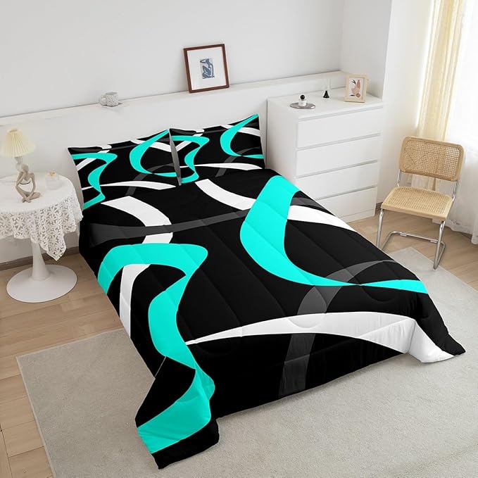 Erosebridal Grey Black Turquoise Bedding Comforter Sets Teal Gray White Striped Abstract Bedding Set Toddler for Kids Boys Girls Geometric Stripes Down Comforter Modern Fashion Quilt Duvet