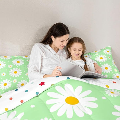 Erosebridal Girls Toddler Bedding Set Green Daisy Floral Comforter Set for Kids Teen Adults,Cute Cartoon Flower Comforter Rustic Floral Daisy Duvet Insert for Bedroom All Season