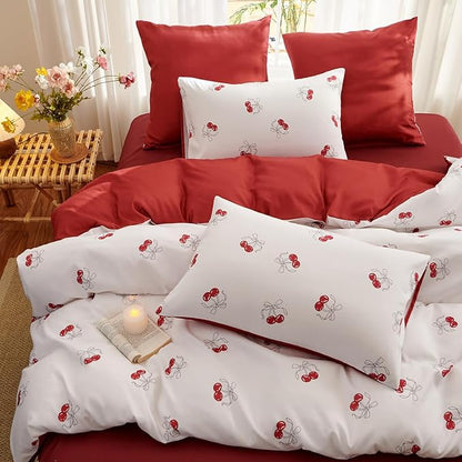 White Twin Comforter Set - Red Cherry Quilt Bedding Set 2 Pieces, Comforter Set Twin Size, Soft & Lightweight Comforter(68‘’ x 90‘’) for Girl All Season & 1 Pillowcase(30‘’x20‘’)