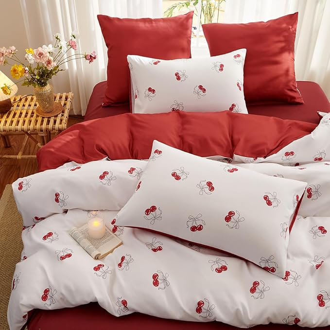 White Queen Comforter Set - Red Cherry Comforter Set Queen Size, Heart Quilt Bedding Set 3 Pieces, Soft & Lightweight Comforter(90‘’ x 90‘’) for Girl All Season & 2 Pillowcases(30‘’x20‘’)