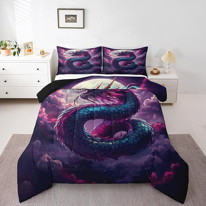 Mystery Dragon Comforter Set for Kids Adults,Exotic Moon Vintage Dragon Chinese Style Bedding Comforter Sets Twin,3D Wildlife Watercolor Cloud Quilt Comforter with 1 Pillowcase