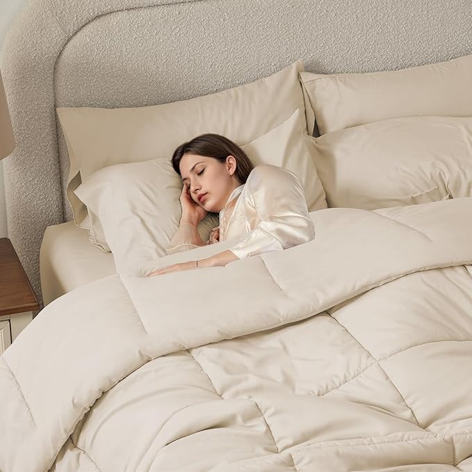 Anluoer Queen Comforter Set 7 Piece, Cream Bed in a Bag with Sheets, Comforters Queen Size Bedding Sets with 1 Comforter, 2 Pillow Shams, 2 Pillowcases, 1 Flat Sheet,1 Fitted Sheet