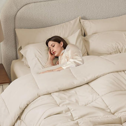 Anluoer Queen Comforter Set 7 Piece, Cream Bed in a Bag with Sheets, Comforters Queen Size Bedding Sets with 1 Comforter, 2 Pillow Shams, 2 Pillowcases, 1 Flat Sheet,1 Fitted Sheet