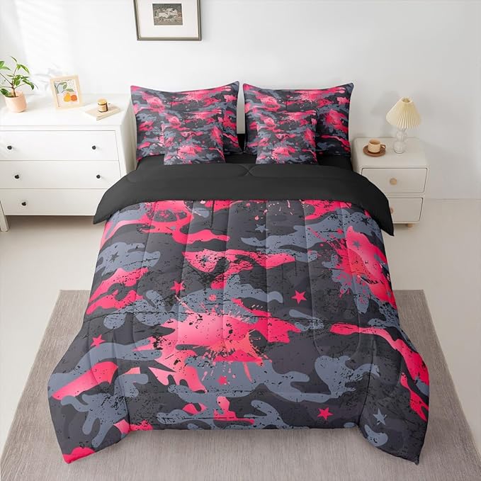Erosebridal Graffiti King Comforter Set Camouflage 7-Piece Bed in A Bag Ombre Statrs Camo Watercolor Grunge Sheets and Pillowcases Grey Pink Bed Sets