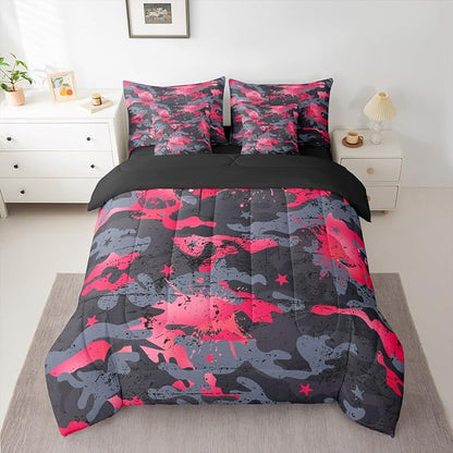 Erosebridal Graffiti King Comforter Set Camouflage 7-Piece Bed in A Bag Ombre Statrs Camo Watercolor Grunge Sheets and Pillowcases Grey Pink Bed Sets