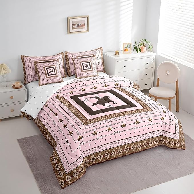 Feelyou Pink Western Cowboy Comforter Set with Sheets Full Size Kids Rodeo Cowboy Horse 7 Pieces Bedding Set for Boys Girls Teens Western Star Bed in a Bag Grunge Design Bed Set