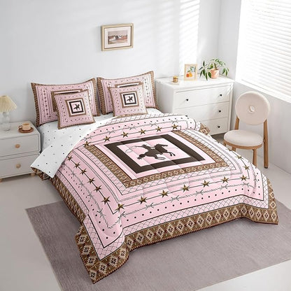 Feelyou Pink Western Cowboy Comforter Set with Sheets Full Size Kids Rodeo Cowboy Horse 7 Pieces Bedding Set for Boys Girls Teens Western Star Bed in a Bag Grunge Design Bed Set