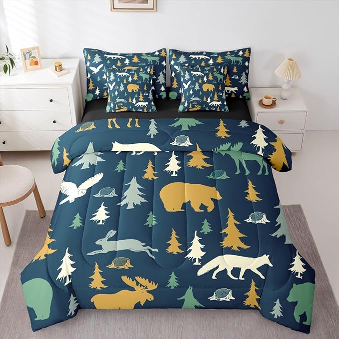Feelyou Bear Comforter Set Twin Size 7 Pcs Woodland Fox Deer Comforter Bed in a Bag Cabin Lodge Farmhouse Bedding Set for Boys Girls Rustic Wild Animal Bed Set with Sheets, Pillowcases, Pillow Covers