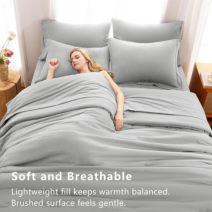 CozyLux Full Size Comforter Set Light Grey, 7 Pieces Bed in a Bag Full Comforter Set with Sheets, Bedding Set with Down Alternative Comforter, Fitted Sheet, Flat Sheet, Pillow Shams and Pillowcases