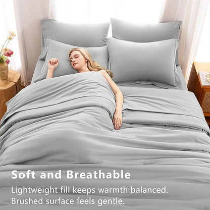 CozyLux Full Size Comforter Set Light Grey, 7 Pieces Bed in a Bag Full Comforter Set with Sheets, Bedding Set with Down Alternative Comforter, Fitted Sheet, Flat Sheet, Pillow Shams and Pillowcases