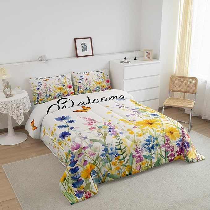 Erosebridal Wildflower Bedding Set Full Watercolor Boho Floral Comforter Set Cute Botanical Plant Bedding Comforter Sets for Kids Adults Nature Flowers Butterfly Bed Set Aesthetics Home Decor