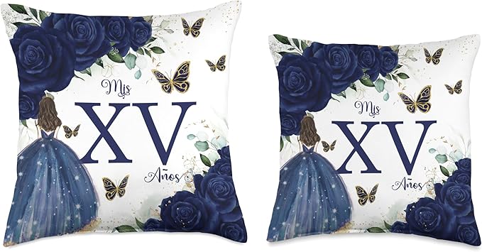 Chic Navy Blue Floral Quinceañera Mis XV 15 Años Throw Pillow