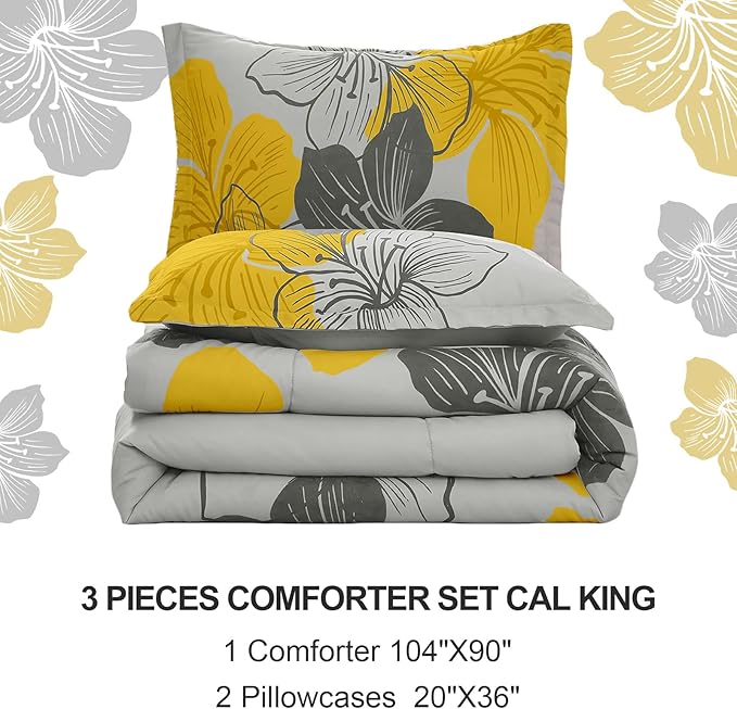 Menghomeus California King Comforter Set Yellow Floral Pattern Printed On Grey Cal King Bedding Set Soft Microfiber Boho Bed Set for All Season, 3 Pieces