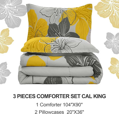 Menghomeus California King Comforter Set Yellow Floral Pattern Printed On Grey Cal King Bedding Set Soft Microfiber Boho Bed Set for All Season, 3 Pieces