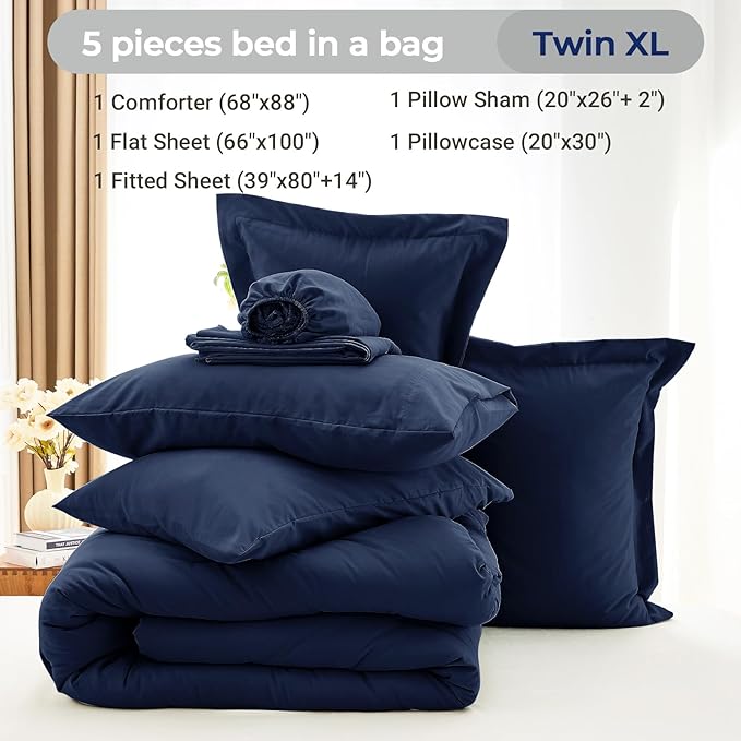 MUXHOMO 5 Pieces Twin XL Comforter Set, Soft Bed in a Bag Twin XL Size, All Season Bedding Set with Comforter, Flat Sheet, Fitted Sheet, Pillowcases & Shams, Navy Blue