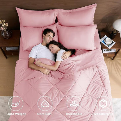 HEVUMYI Pink Queen Comforter Set - 7-Piece All Season Bed in a Bag Queen, Ultra Soft Bedding Set with Comforter, Flat Sheet, Fitted Sheet, Pillowcases, Pillow Shams, Pink